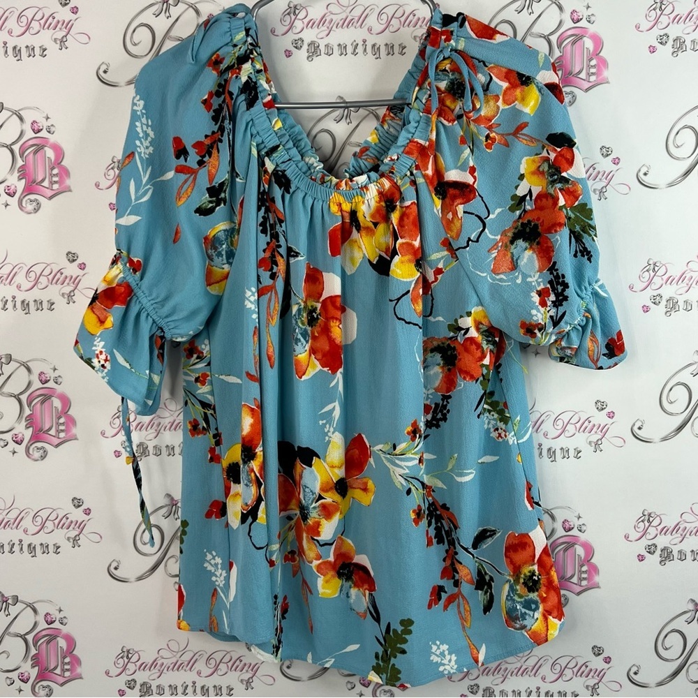 Zac & Rachel top ruffle detail flowers smock details  Blue Floral Blouse flowy